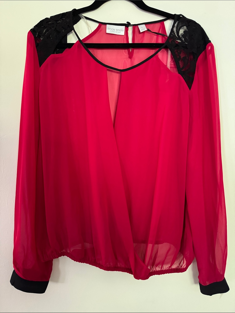 Bisou Bisou Hot Pink Chiffon Blouse with Black Lace Shoulders